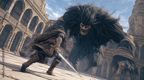 Un imponente guardián de aspecto bestial se alza en un patio de piedra, listo para el combate.