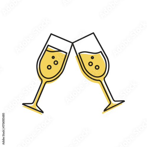 Two champagne glasses clinking together in celebration against a simple background