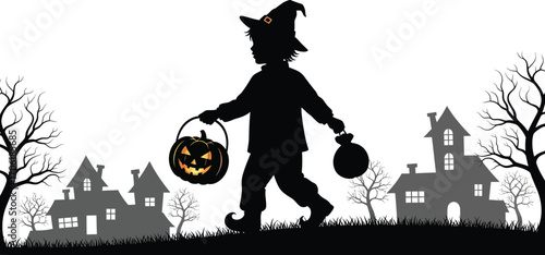 Silhouette of child trick or treating with pumpkin and bag on halloween night