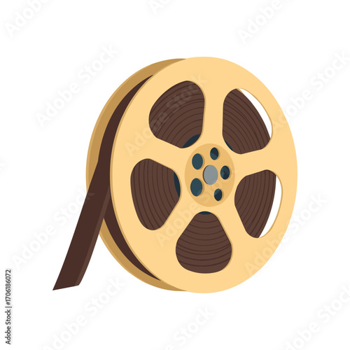 Vintage film reel with film strip, symbolizing classic cinema, on a plain background