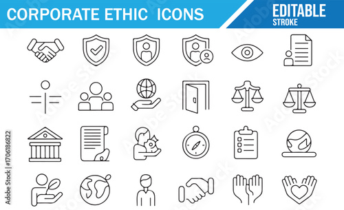 Corporate ethic icons set with handshake justice scale and business values vector