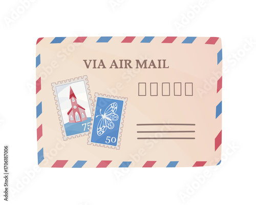 Airmail envelope with postage stamps.  Hand drawn illustration of a priority letter in vintage style. Isolated composition for postcrossing theme, creative projects, invitations, greeting cards.