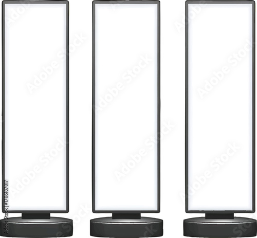 Three Tall Vertical Digital Advertising Billboards with Blank White Screens on Black Bases Keywords: billboard, advertising, display, screen, digital, blank