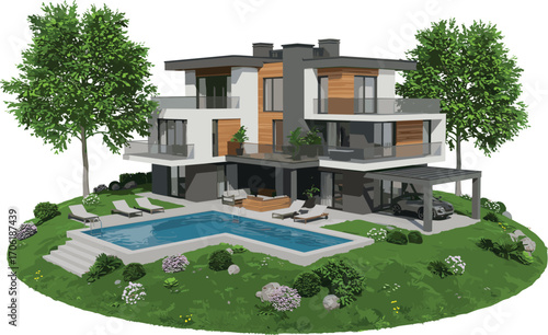 Modern luxury villa with swimming pool, outdoor lounge, carport, and landscaped garden, surrounded by nature, perfect dream home concept.