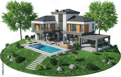 Modern luxury villa with swimming pool, outdoor lounge, carport, and landscaped garden, surrounded by nature, perfect dream home concept.
