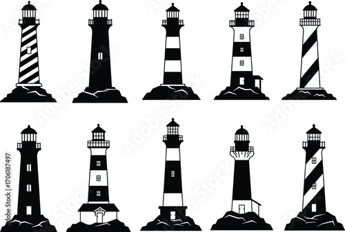 Lighthouse silhouettes, coastal icons, black illustration, nautical design, maritime structures, striped towers, sea navigation, rocky base, ocean landmark, beacon style