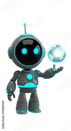 Robot Character Pointing at Globe Futuristic Technology Innovation Artificial Intelligence Digital Transformation