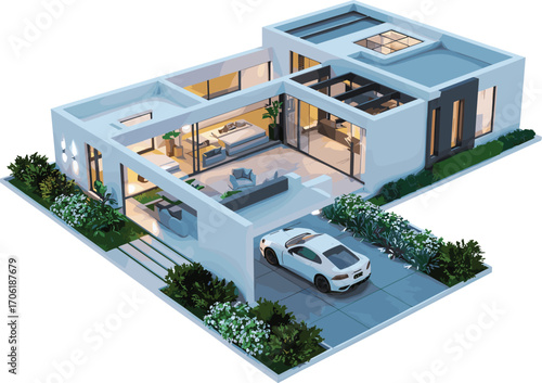 Modern single-story house with open floor plan, luxury interior, garden design, car parked outside, 3D architectural visualization scene.