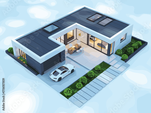 Modern single-story house with open floor plan, luxury interior, garden design, car parked outside, 3D architectural visualization scene.