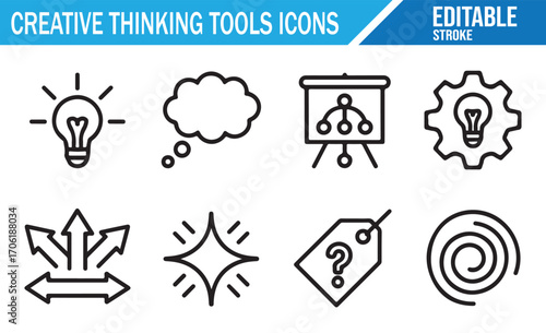 Problem solving and creative ideas icons set outline style vector artwork