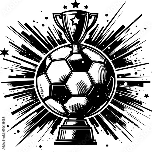 Soccer Champion Emblem: An emblem featuring a soccer ball crowned by a triumphant trophy and stars that evoke the spirit of competition and victory.