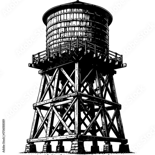 Water Tower Icon: A timeless illustration of a classic water tower, its sturdy wooden structure supporting a cylindrical tank, a symbol of infrastructure and utility.