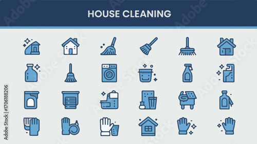 House cleaning icons minimalist blue home