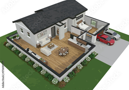 Modern single-story house with open floor plan, luxury interior, garden design, car parked outside, 3D architectural visualization scene.