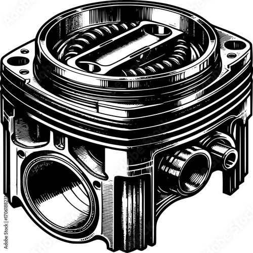 Engine Component: A detailed monochrome illustration showcases the intricate design of an engine component, highlighting its precision engineering and mechanical structure.