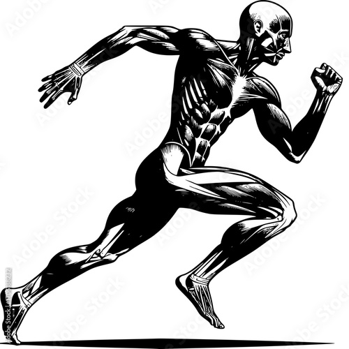 Running Man: A dynamic depiction of a running man, highlighting muscle definition and anatomical structure, emphasizing strength, speed, and human form.