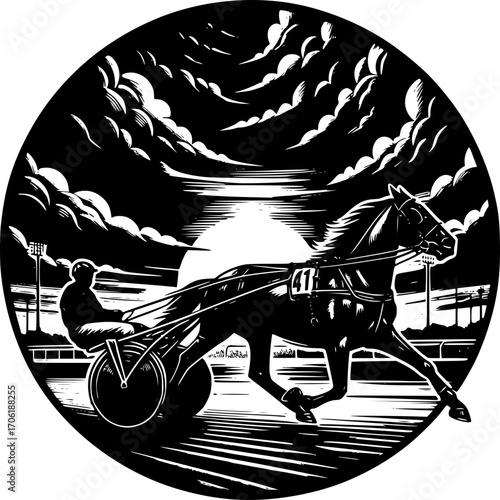 Harness Race Silhouette: A dynamic silhouette captures the raw power and precision of a harness race, with a horse and driver speeding across the track.