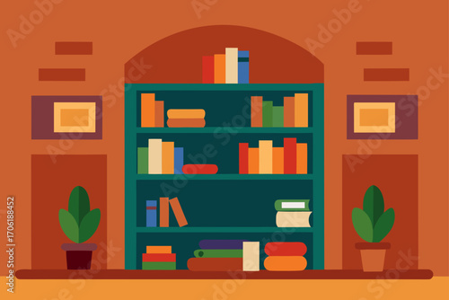 A modern living room interior with a bookshelf, desk, and chair, featuring a vector illustration design