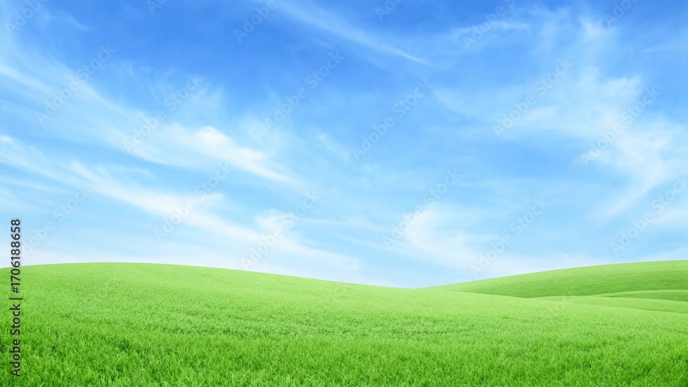 Obraz premium Panoramic Minimalist Landscape with Rolling Green Hills under Clear Blue Sky and Wispy White Clouds, Serene Outdoor Nature Scene in Bright Soft Daylight 