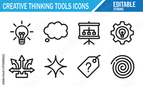 Black and white vector icons of creative solutions and problem solving tools