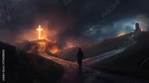 back view of a man walking to the crossroad with two path lead to burning cross  and other way lead to ancient  shrine , symbolizing choice, destiny, and the message of Jesus coming to fulfill the law