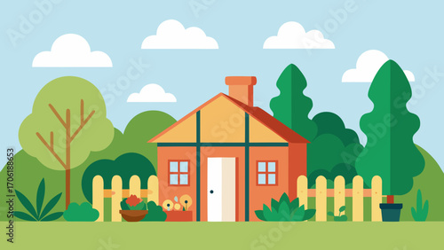 Vector illustration of a rural landscape with a small cottage, green grass, and a bright sky with sun