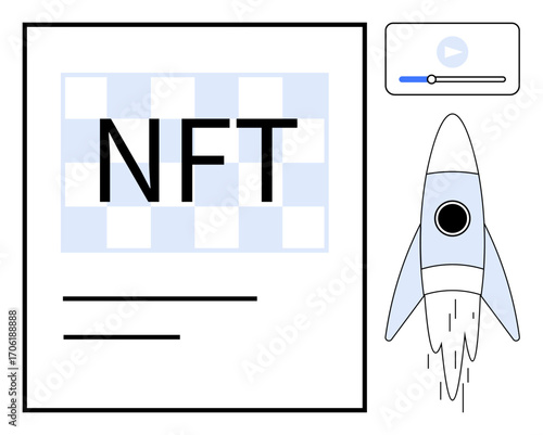 NFT document next to a rocket launching upward, suggesting innovation, transformation, and blockchain use. Ideal for cryptocurrency, technology, innovation, marketing, investments startups digital