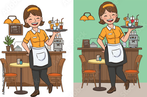 Cheerful waitress holding tray with drinks in modern café interior, wearing apron, yellow shirt, black pants, and brown shoes