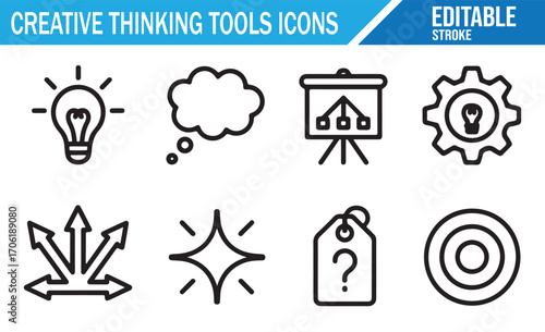 Set of creative thinking tools icons with light bulb idea gear question mark and target symbols editable stroke line design black and white vector illustration for innovation brainstorming and busines