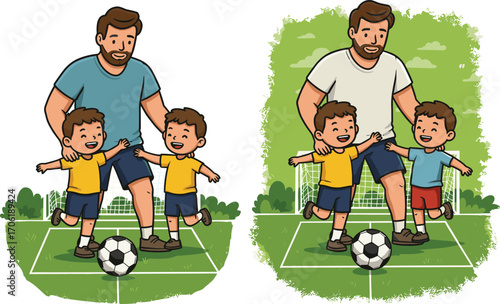 Father playing soccer with kids outdoors, happy family bonding, children sports activity, summer fun, parenting illustration, green field background