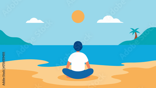 Cartoon vector illustration of a woman doing yoga meditation on the beach at sunset with the blue ocean and sky in the background