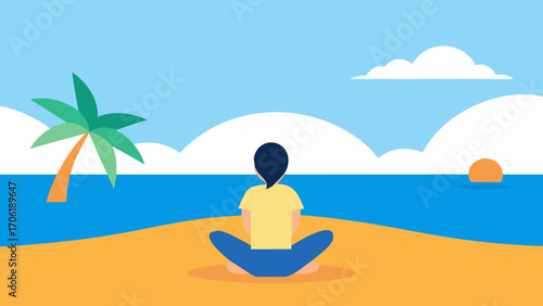 A beautiful woman doing yoga on a tropical beach, a summer vector illustration of relaxation and nature