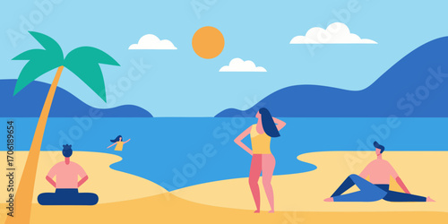 Vector cartoon illustration of a beautiful woman in a summer bikini on a tropical beach with a sun hat, enjoying her vacation