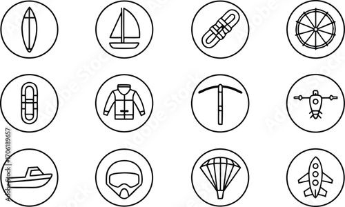 Collection of outdoor adventure and travel icons, featuring symbols for sailing, mountaineering, water sports, aviation, and exploration, perfect for travel blogs and adventure gear websites