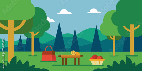 A colorful cartoon illustration of a cozy summer house in a forest landscape with a mountain, trees, and a bright sky