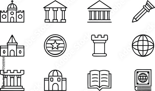 Collection of conceptual icons representing education, knowledge, history, and learning institutions, including buildings, books, and a globe for academic and research themes