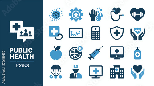 Medical and public health icons with blue and white colors virus