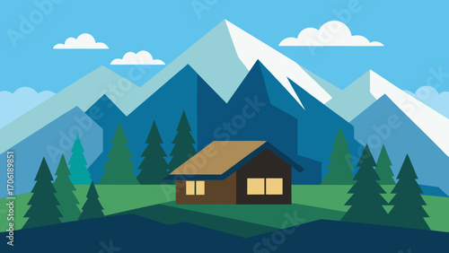 A beautiful alpine house nestled in the mountains with a green forest, meadow, and blue sky