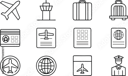 Collection of travel and aviation icons, featuring airplanes, luggage, passport, globe, and airport control tower, symbolizing travel and transportation concepts for your design projects