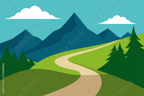 Vector illustration of a serene mountain landscape with green hills, a blue sky, and a tranquil lake
