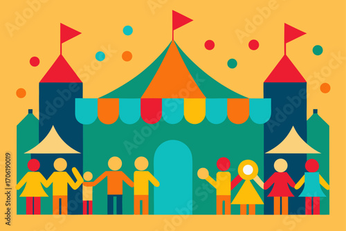 A colorful cartoon illustration of a fairy-tale castle and a magical tower in a vibrant town