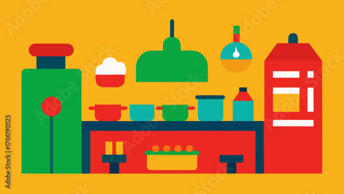 Vector illustration set for a cafe or restaurant interior with furniture, kitchen, and menu design icons