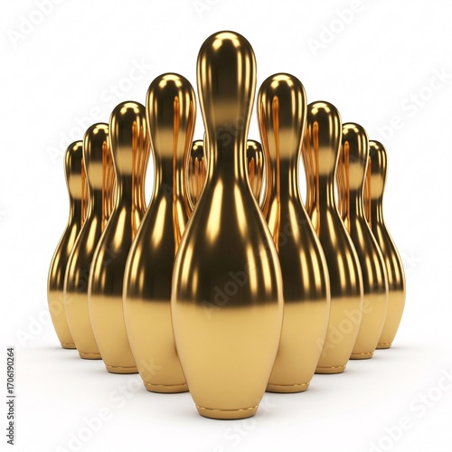 A set of golden bowling pins arranged in a triangular formation,