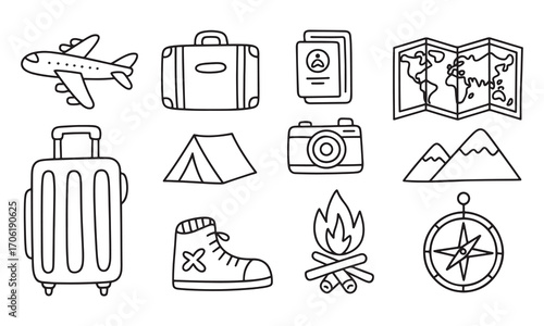Travel adventure doodle icons set featuring airplane suitcase map compass camera tent mountains