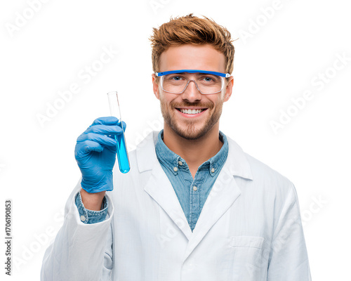 a smiling young male scientist holding a test tube with a blue liquid, against