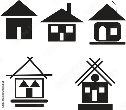 Simple House Icons Black and White Minimalist Home Illustrations