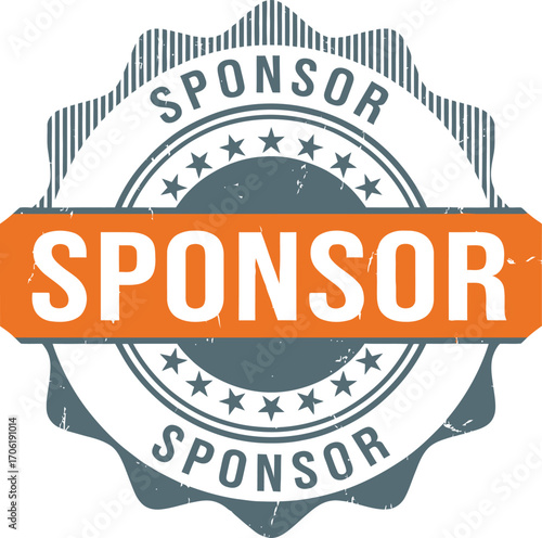 Distressed Sponsor Badge with Stars in Gray and Orange on White Backdrop
