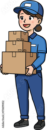 Smiling Delivery Worker in Blue Uniform Holding Cardboard Boxes for Courier, Parcel, Shipping, Logistics, and Package Transportation Services