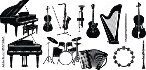 Musical instruments collection, piano, violin, saxophone, trumpet, guitar, harp, flute, drum set, accordion, tambourine, clarinet, classical music, band 
