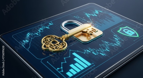 Digital security concept Golden key and padlock on a tablet screen with financial graphs, symbolizing secure data, online transactions, and robust cybersecurity for modern tech